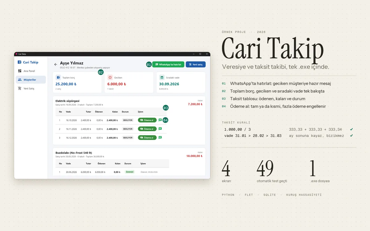 Cari Takip programında müşteri detayı: taksit tablosu, ödeme al ve WhatsApp hatırlatma düğmeleri