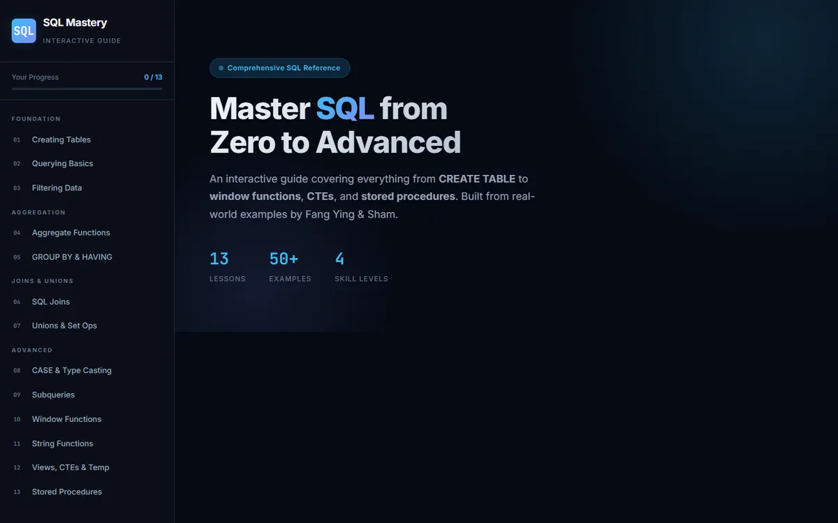 SQL Mastery ders ekranı: ders listesi ve ilerleme çubuğu